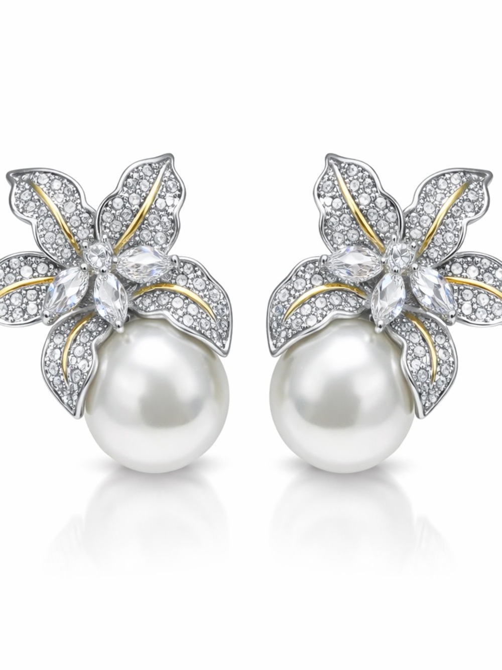 Pearl & Crystal Flower Earrings - Picture 1 of 11